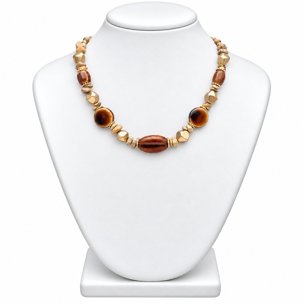 Vintage NENA Necklace Brown Glazed Ceramic Art Glass Stone Chip Gold Tone 16in